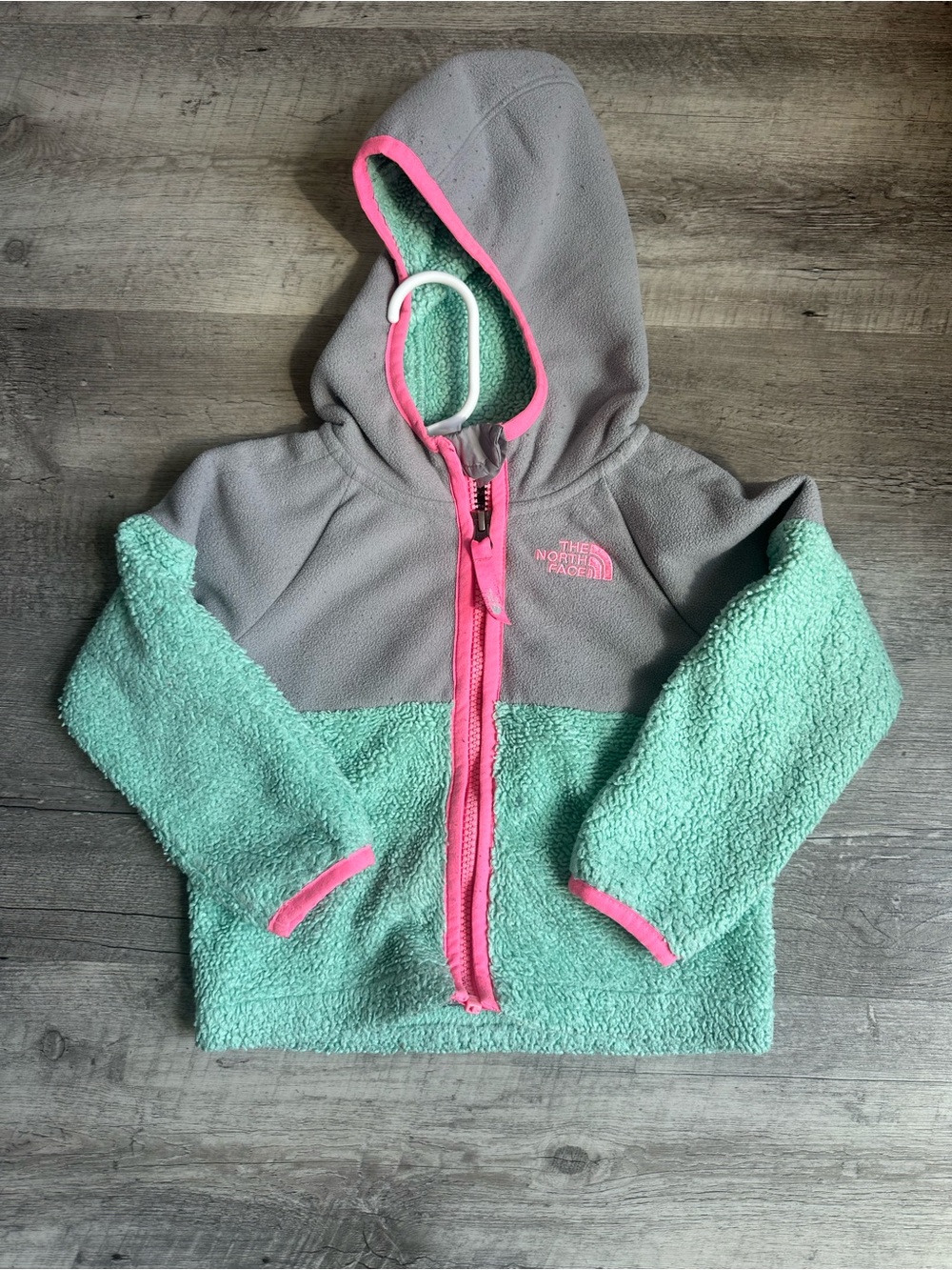 The North Face Girls Two-Tone Gray, Mint & Pink Sherpa Hoodie